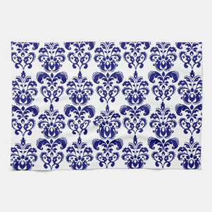 Navy Blue, White Vintage Damask Pattern 2 Tea Towel