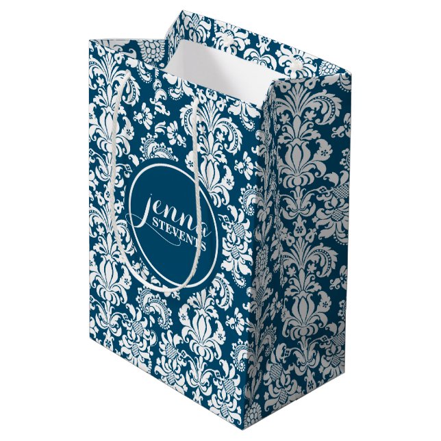 Navy-blue & White Vintage Damasks Medium Gift Bag (Back Angled)