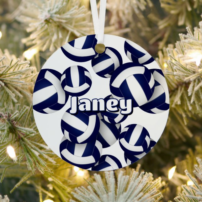 navy blue white volleyballs athlete name keepsake metal tree decoration (Insitu)