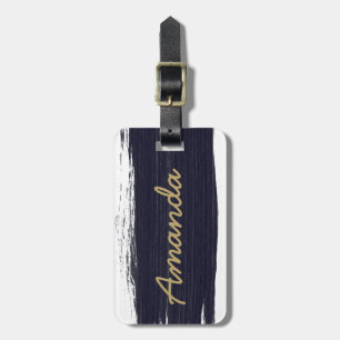 Navy blue white watercolor brushstrokes monogram  luggage tag