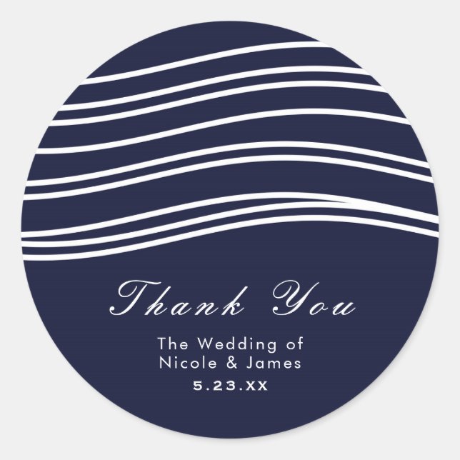 Navy Blue & White Wave Modern Wedding Classic Round Sticker (Front)