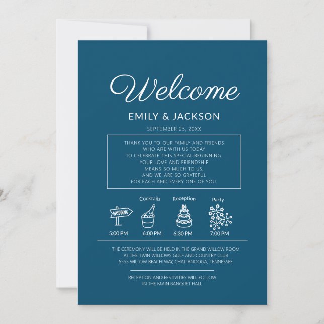 Navy Blue White Wedding Itinerary Welcome Invitation (Front)