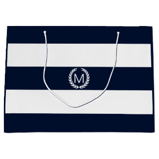 Navy Blue & White Wide Stripe with Monogram Large Gift Bag