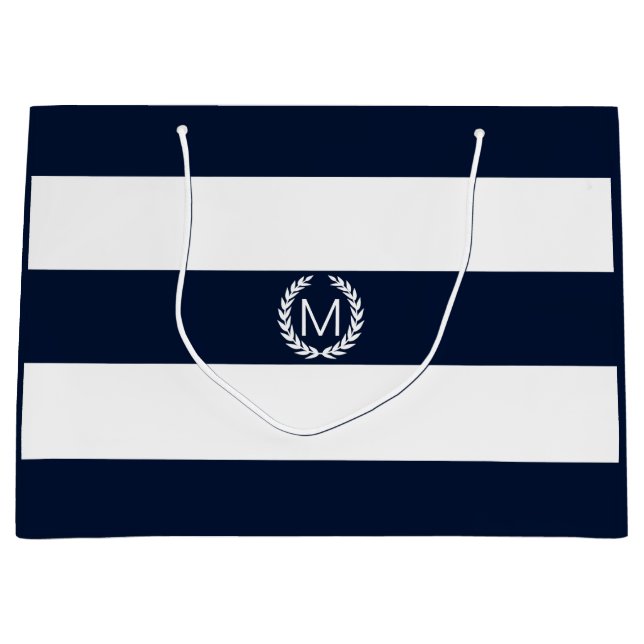 Navy Blue & White Wide Stripe with Monogram Large Gift Bag (Front)