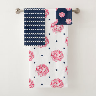 NAVY BLUE  & WHITE WITH PINK FLOWERS BATH TOWEL SET