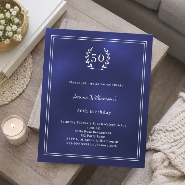 Navy blue white wreath elegant birthday invitation (Creator Uploaded)