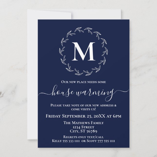 Navy Blue White Wreath Monogram House Warming Announcement (Front)