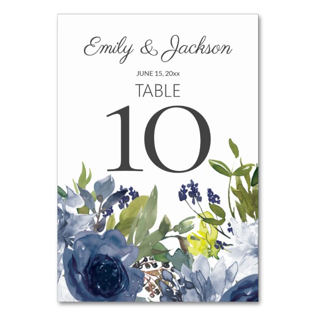 Navy Blue White Yellow Floral Wedding Table Number (Front)