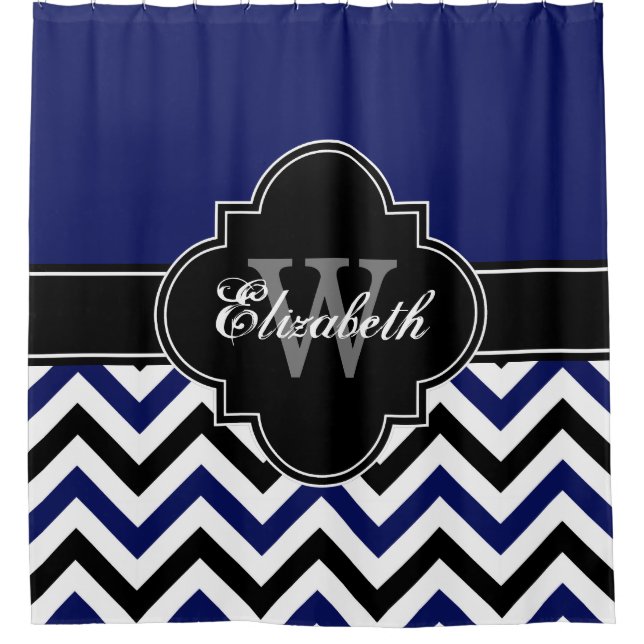 Navy Blue Wht Black LG Chevron 1ICBR Name Monogram Shower Curtain (Front)