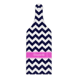 Navy Blue Wht Chevron Hot Pink Name Monogram Cutting Board