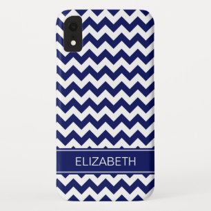 Navy Blue Wht Chevron Zigzag 7P Navy Name Monogram Case-Mate iPhone Case