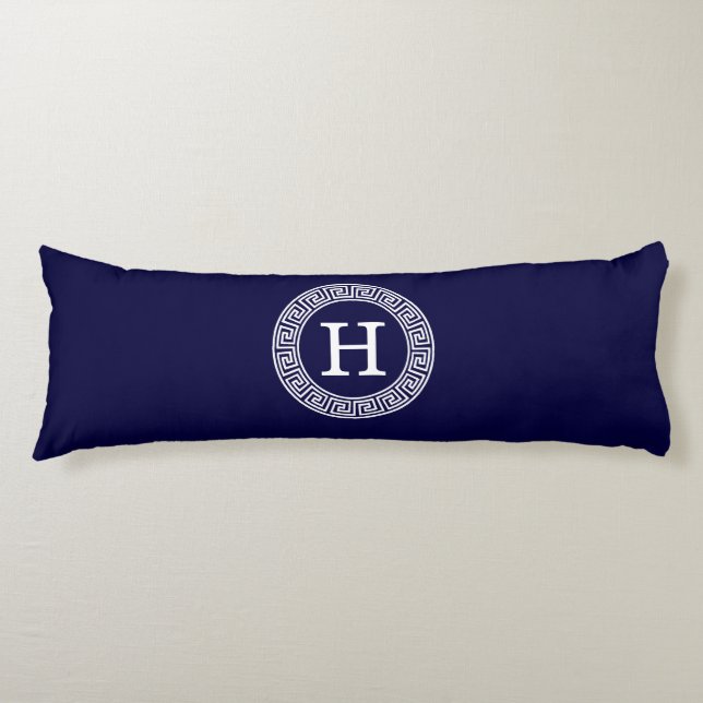 Navy Blue Wht Greek Key Rnd Frame Initial Monogram Body Cushion (Front)