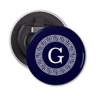 Navy Blue Wht Greek Key Rnd Frame Initial Monogram Bottle Opener