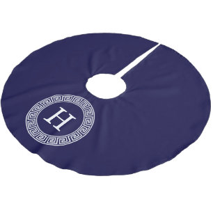 Navy Blue Wht Greek Key Rnd Frame Initial Monogram Brushed Polyester Tree Skirt