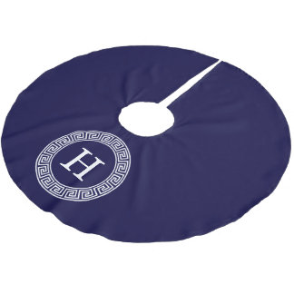 Navy Blue Wht Greek Key Rnd Frame Initial Monogram Brushed Polyester Tree Skirt