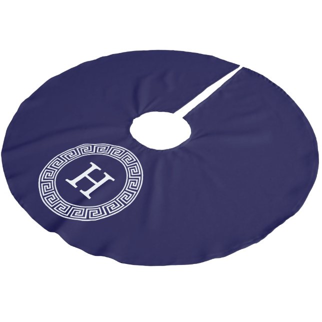 Navy Blue Wht Greek Key Rnd Frame Initial Monogram Brushed Polyester Tree Skirt (Angled)