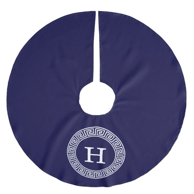 Navy Blue Wht Greek Key Rnd Frame Initial Monogram Brushed Polyester Tree Skirt (Front)