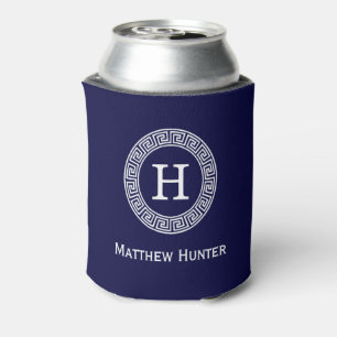 Navy Blue Wht Greek Key Rnd Frame Initial Monogram Can Cooler