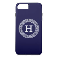 Navy Blue Wht Greek Key Rnd Frame Initial Monogram