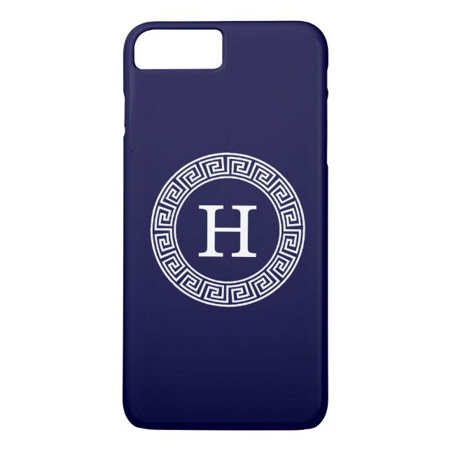 Navy Blue Wht Greek Key Rnd Frame Initial Monogram Case-Mate iPhone Case (Back)