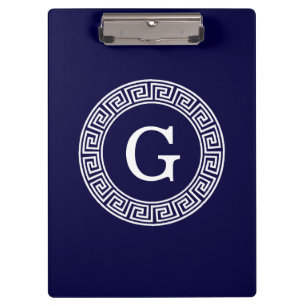 Navy Blue Wht Greek Key Rnd Frame Initial Monogram Clipboard
