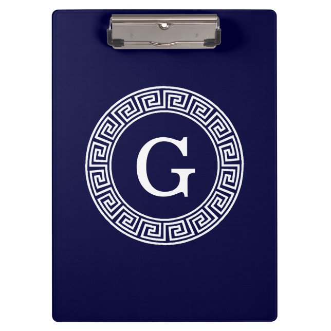 Navy Blue Wht Greek Key Rnd Frame Initial Monogram Clipboard (Front)