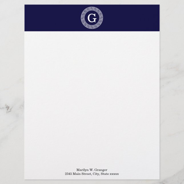 Navy Blue Wht Greek Key Rnd Frame Initial Monogram Customised Letterhead (Front)