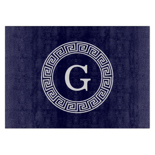 Navy Blue Wht Greek Key Rnd Frame Initial Monogram Cutting Board (Front)