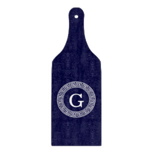 Navy Blue Wht Greek Key Rnd Frame Initial Monogram Cutting Board