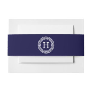 Navy Blue Wht Greek Key Rnd Frame Initial Monogram Invitation Belly Band