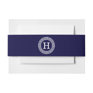 Navy Blue Wht Greek Key Rnd Frame Initial Monogram Invitation Belly Band