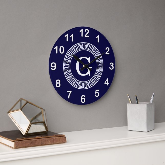 Navy Blue Wht Greek Key Rnd Frame Initial Monogram Large Clock (Office)