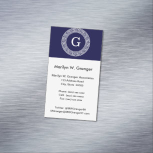 Navy Blue Wht Greek Key Rnd Frame Initial Monogram Magnetic Business Card