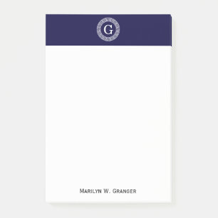 Navy Blue Wht Greek Key Rnd Frame Initial Monogram Post-it Notes