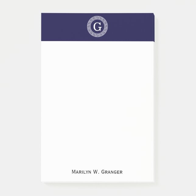 Navy Blue Wht Greek Key Rnd Frame Initial Monogram Post-it Notes (Front)