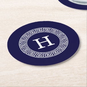 Navy Blue Wht Greek Key Rnd Frame Initial Monogram Round Paper Coaster