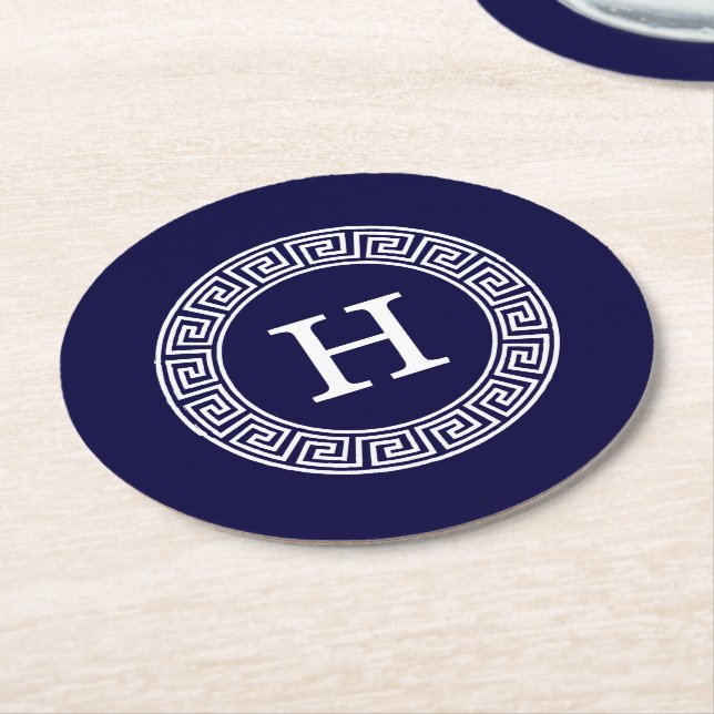 Navy Blue Wht Greek Key Rnd Frame Initial Monogram Round Paper Coaster (Angled)