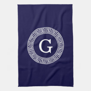 Navy Blue Wht Greek Key Rnd Frame Initial Monogram Tea Towel