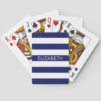 Navy Blue Wht Horiz Preppy Stripe Name Monogram Playing Cards