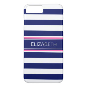 Navy Blue Wht Horiz Stripe Hot Pink Name Monogram iPhone 8 Plus/7 Plus Case
