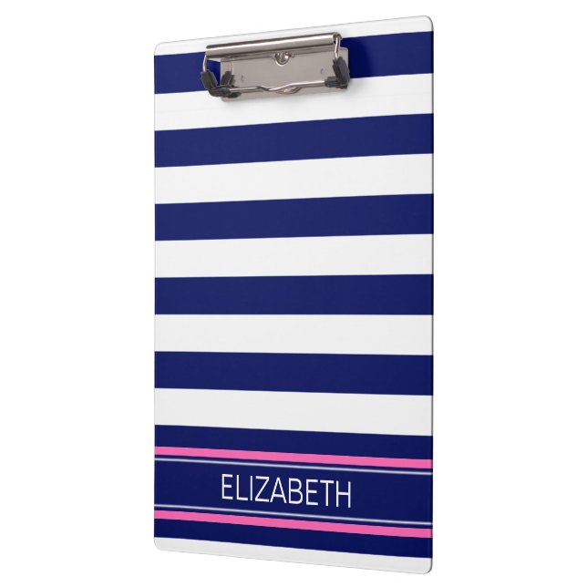 Navy Blue Wht Horiz Stripe Hot Pink Name Monogram Clipboard (Left)