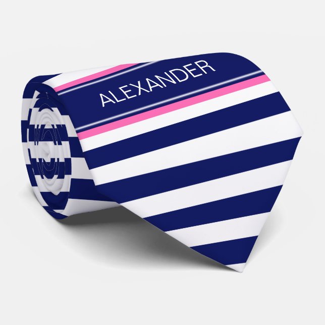 Navy Blue Wht Horiz Stripe Hot Pink Name Monogram Tie (Rolled)