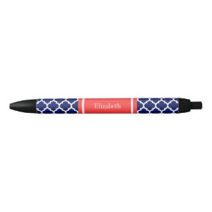 Navy Blue Wht Moroccan #5 Coral Red Name Monogram Black Ink Pen