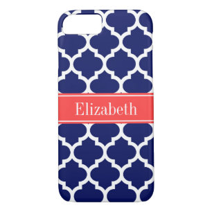 Navy Blue Wht Moroccan #5 Coral Red Name Monogram Case-Mate iPhone Case