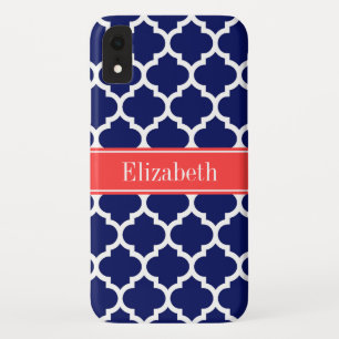 Navy Blue Wht Moroccan #5 Coral Red Name Monogram Case-Mate iPhone Case