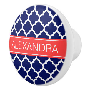 Navy Blue Wht Moroccan #5 Coral Red Name Monogram Ceramic Knob