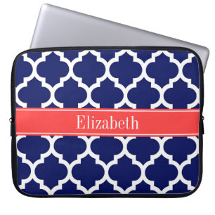 Navy Blue Wht Moroccan #5 Coral Red Name Monogram Laptop Sleeve