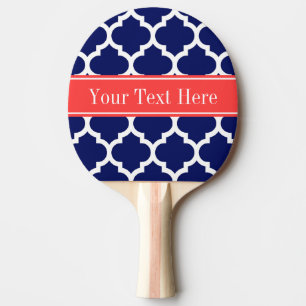 Navy Blue Wht Moroccan #5 Coral Red Name Monogram Ping Pong Paddle