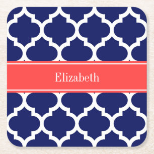 Navy Blue Wht Moroccan #5 Coral Red Name Monogram Square Paper Coaster