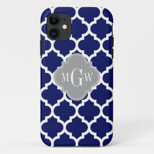 Navy Blue Wht Moroccan #5 Grey 3 Initial Monogram iPhone 11 Case